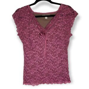 ⭐Y2K Merona Mauve Fitted Lace Short Sleeve Lacey Top Embroidered Flower Neckline